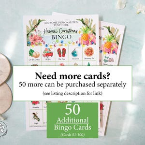 Pu&ograve; includere: Un set di 50 carte da bingo di Natale hawaiano. Le carte sono stampate su cartoncino bianco con un bordo verde. Le carte presentano una variet&agrave; di immagini festive, tra cui un ananas, una tavola da surf e una collana di fiori. Il testo "Hawaii Christmas Bingo" &egrave; stampato in verde nella parte superiore della carta. Il testo "Need more cards? 50 more can be purchased separately (see listing description for link)" &egrave; stampato in nero nella parte inferiore della carta. Il testo "50 Additional Bingo Cards (Cards 51-100)" &egrave; stampato in verde su uno sfondo bianco.