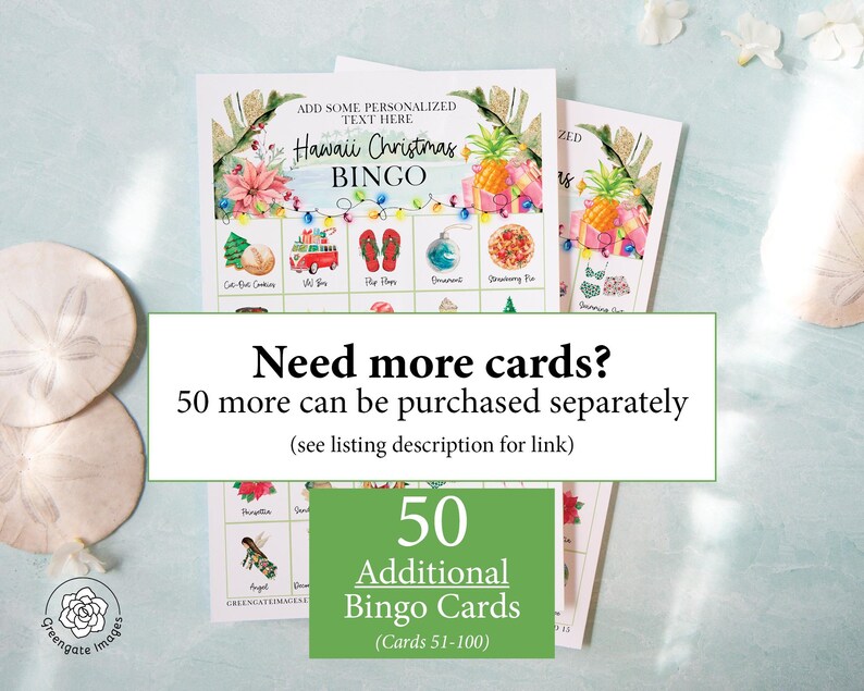 Pu&ograve; includere: Un set di 50 carte da bingo di Natale hawaiano. Le carte sono stampate su cartoncino bianco con un bordo verde. Le carte presentano una variet&agrave; di immagini festive, tra cui un ananas, una tavola da surf e una collana di fiori. Il testo "Hawaii Christmas Bingo" &egrave; stampato in verde nella parte superiore della carta. Il testo "Need more cards? 50 more can be purchased separately (see listing description for link)" &egrave; stampato in nero nella parte inferiore della carta. Il testo "50 Additional Bingo Cards (Cards 51-100)" &egrave; stampato in verde su uno sfondo bianco.
