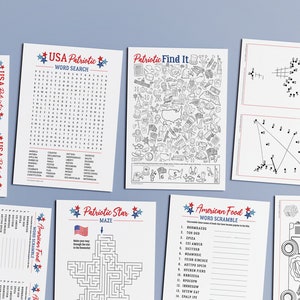 May include: A set of printable activity sheets for kids featuring patriotic themes. The sheets include a word search, a find it game, a connect the dots activity, a star maze, and a word scramble. The sheets are decorated with red, white, and blue stars.