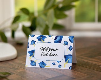 Graduation Buffet Signs - ROYAL BLUE grad cap. Printable Place card, Corjl template. Food Labels, table signs, tent food, banquet idea.