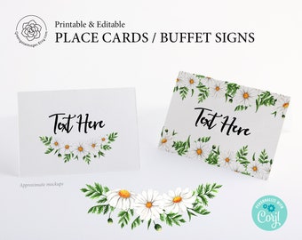 Daisy Place Cards - PRINTABLE, Edit in Corjl, food sign, buffet signs, daisy themed bridal shower, food table cards, banquet table signage