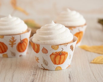 Fall Pumpkin Cupcake Wrappers - Printable PDF, instant download, cupcake sleeves with watercolor leaves and pumpkins. Thanksgiving cupcakes.