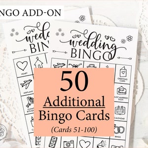 ADICIONAL: 50 cartelas de Bingo de Casamento pretas e brancas adicionais (numeradas de 51 a 100) para acompanhar o jogo original, vendido separadamente