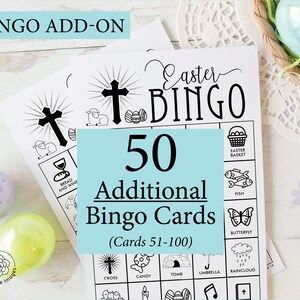 ADICIONAL: 50 cartelas de bingo cristãs pretas e brancas adicionais de Páscoa (numeradas de 51 a 100) para acompanhar o jogo original, vendido separadamente