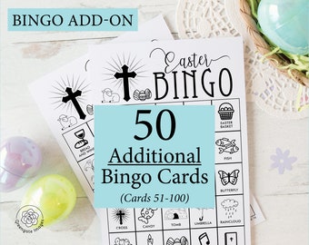 May include: Black and white printable Easter Bingo cards.  The image shows 50 additional bingo cards, numbered 51-100.  The cards feature images of Easter symbols like a cross, a lamb, a fish, a butterfly, a raincloud, an Easter basket, a tomb, candy, an umbrella, and music notes.