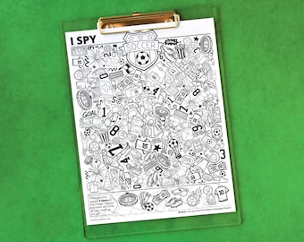 Soccer I Spy - Fun, printable sports activity for kids & adults. Black and white coloring page with 40 hidden pictures (5 each of 8 images).