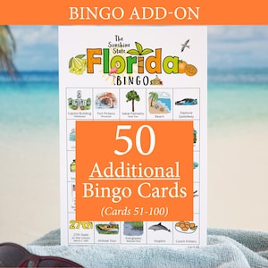 ADICIONAL: 50 cartões adicionais de bingo da Flórida (numerados de 51 a 100) para acompanhar o jogo original, vendido separadamente