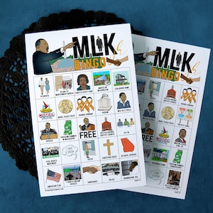 MLK Bingo - 50 tarjetas exclusivas para IMPRIMIR. Descarga digital instantánea en formato PDF. Idea de actividad para el Día de Martin Luther King Jr. Educativa y divertida para niños.