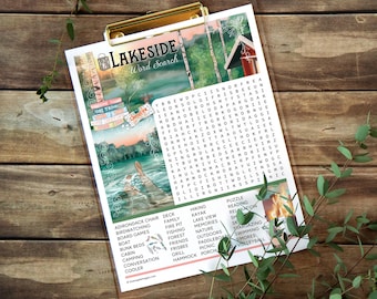 Lake Life Word Search Printable. Downloadable activity. Lovely and nostalgic word find for kids and adults. Lots of words. Colorful artwork.