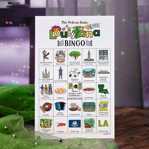 Cartões de Bingo da Louisiana - 50 cartões exclusivos para impressão, download instantâneo. Atividade divertida sobre o estado de Los Angeles para crianças e idosos. Jogo educativo para educação domiciliar.
