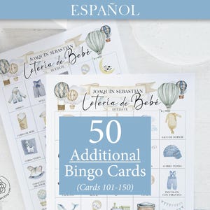 ADICIONAL: 50 cartões adicionais da Lotería de Bebé (numerados de 101 a 150) para acompanhar o jogo original — com balões de ar quente azuis — vendidos separadamente.