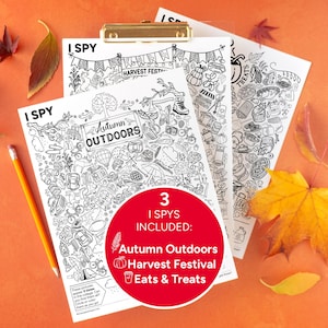 Puede incluir: Tres hojas de actividades de papel blanco con ilustraciones de líneas negras para un juego I Spy. Las hojas presentan temas titulados Autumn Outdoors, Harvest Festival y Eats & Treats. Un círculo rojo muestra 3 I SPYS INCLUDED.