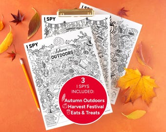 Fall I Spy Bundle II - Three 8.5x11" pages: Autumn Outdoors, Harvest Festival, and Eats & Treats. PRINTABLE w Answer Key. Instant download.