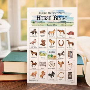 Bingo de caballos: 50 tarjetas de bingo para imprimir: fiesta de vaqueras, vaqueros, country western, rancho. PDF editable y personalizable. Agregue texto en Adobe