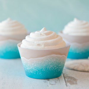 Turquoise Beach Cupcake Wrapper - PRINTABLE pdf, ocean shore water and sand, coastal tropical beach theme birthday party, bridal shower idea