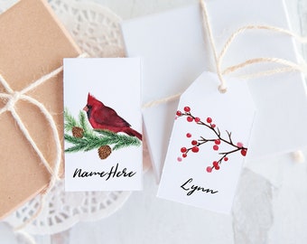 Cardinal Christmas Gift Tags - PRINTABLE tags that you edit in browser. Six styles included w/ birds, berries, branches, evergreen, holly.