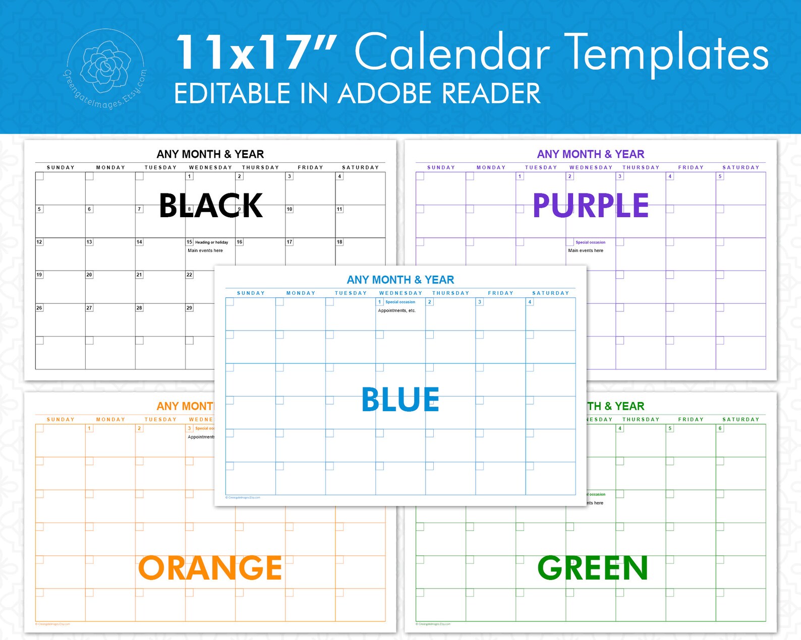 11x17 Editable Calendar Templates Landscape calendars Etsy