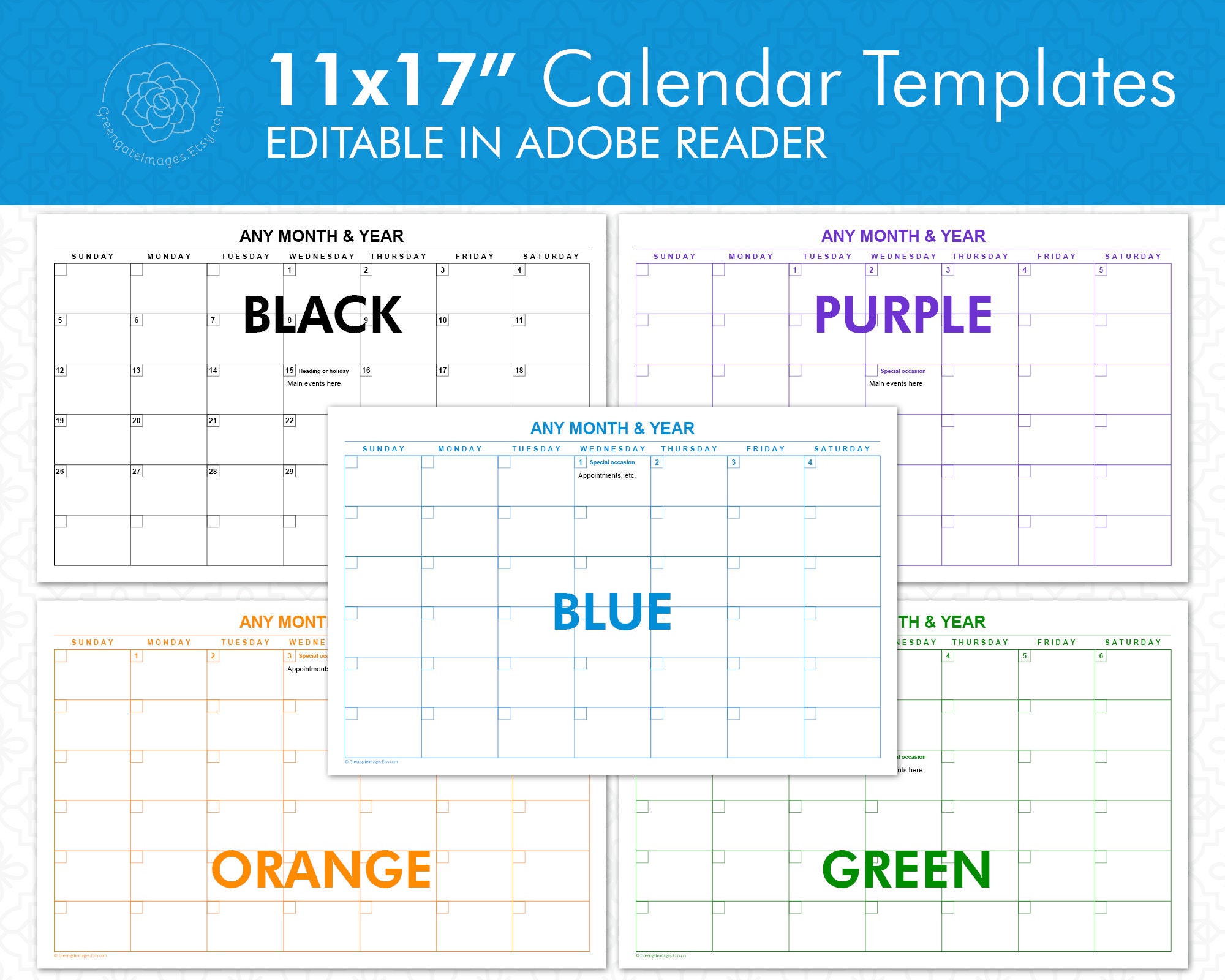 11x17 Editable Calendar Templates Landscape Calendars, Set of Different  Colors, A3 Tabloid Ledger Paper, Large Printable Wall Calendar - Etsy