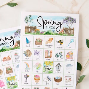 Spring Bingo Cards: Printable bingo, 50 cards, senior citizen activity, pretty watercolor labeled pictures. All ages. Tea party game idea.