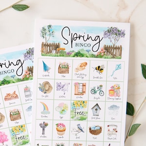 Spring Bingo Cards: Printable bingo, 50 cards, senior citizen activity, pretty watercolor labeled pictures. All ages. Tea party game idea.