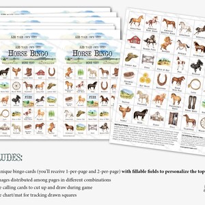 Horse Bingo: 50 Printable Bingo Cards - Cowgirl Party, Cowboy, Country ...