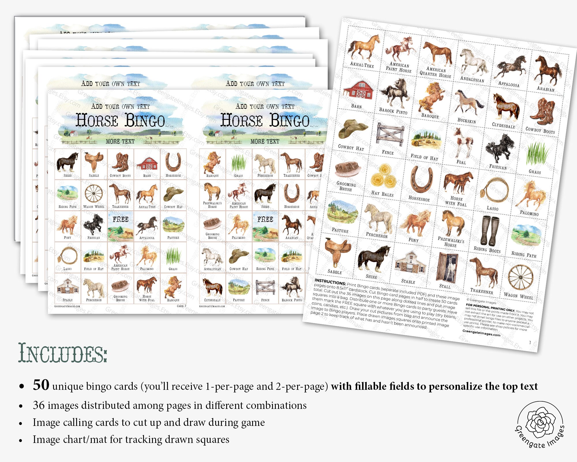 Horse Bingo: 50 Printable Bingo Cards - Cowgirl Party, Cowboy, Country ...