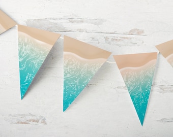 Turquoise Beach Shoreline Bunting - PRINTABLE decorations for beach-themed party, bridal shower, birthday, event. Aqua water on sandy shore.