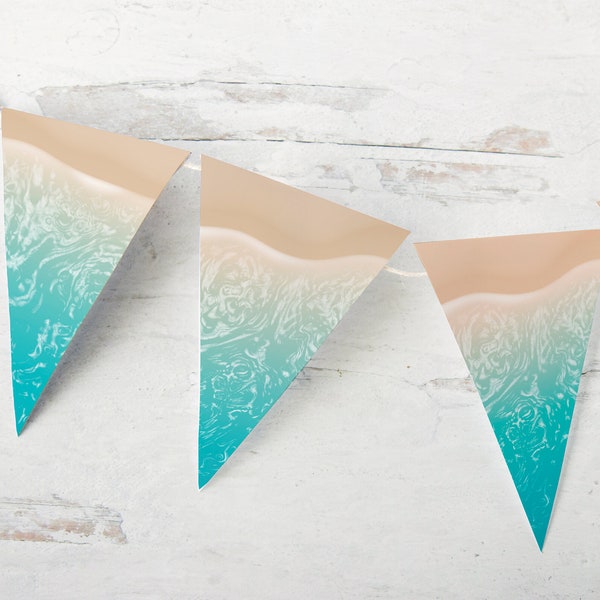 Turquoise Beach Shoreline Bunting - PRINTABLE decorations for beach-themed party, bridal shower, birthday, event. Aqua water on sandy shore.