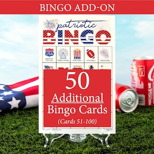ADICIONAL: 50 cartelas de Bingo Patriótico adicionais (numeradas de 51 a 100) para acompanhar o jogo original, vendido separadamente