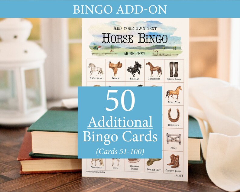 ADD-ON: 50 Additional Horse Bingo Cards (numbered 51-100) to Go With ...
