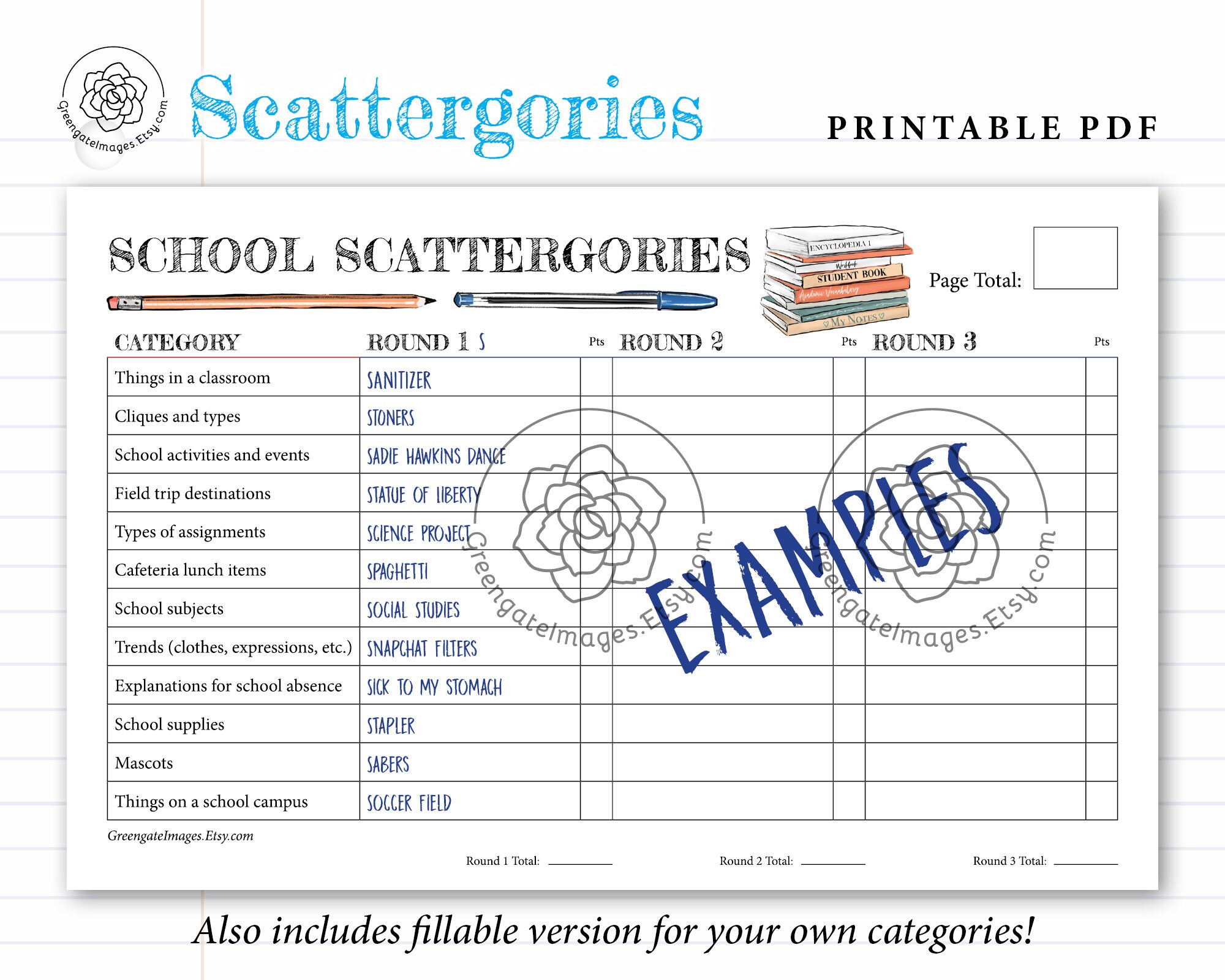 School Scattergories Printable Scattergories Template Party Etsy Canada