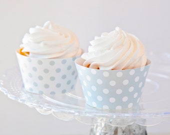 Pale Gray Polka Dot Cupcake Wrappers - PRINTABLE, light gray and white, printable cupcake wraps, wedding diy, party printables, baby boy