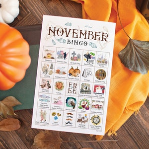 November Bingo - 50 PRINTABLE unique cards. Instant digital download PDF. Fun activity for fall babies, potlucks, Veterans Day, homeschool.