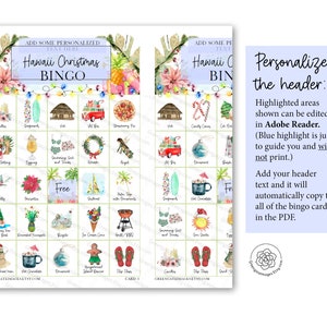 Pu&ograve; includere: Una scheda di bingo stampabile con un tema natalizio hawaiano. La scheda presenta 25 caselle con immagini di vari oggetti natalizi e a tema hawaiano, come un ananas, una tavola da surf, un pupazzo di neve e una ghirlanda. Il testo "Hawaii Christmas Bingo" &egrave; in cima alla scheda.