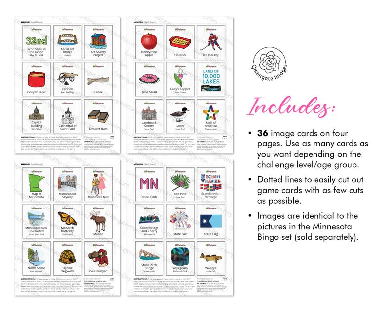 Minnesota Memory Game - PRINTABLE Downloadable Activity PDF. Matching ...