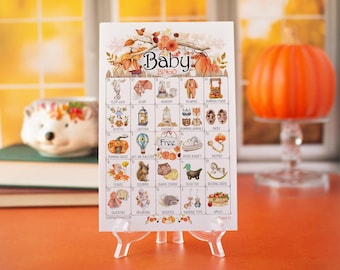 Fall Baby Shower Bingo - 50 unique cards. Prefilled, hand-illustrated activity for autumn-themed showers and sprinkles. Little Pumpkin game.