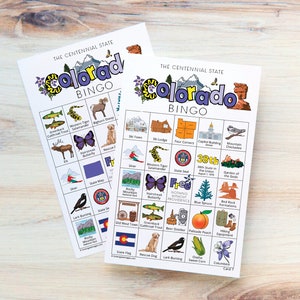 Cartões de Bingo do Colorado - 50 cartões exclusivos IMPRIMÍVEIS para baixar instantaneamente. Atividade divertida do estado do Colorado para crianças e idosos. Jogo educacional para educação domiciliar.