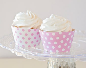 Pink Polka Dot Cupcake Wrappers - INSTANT DOWNLOAD, light pink and white, printable cupcake wraps, party printables, girl baby shower