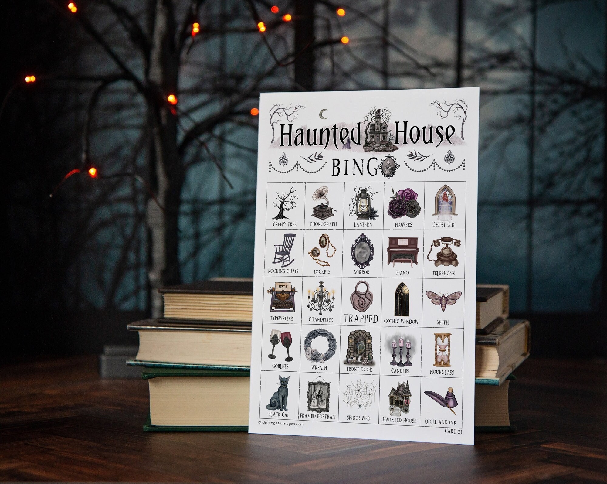 Haunted House Bingo Cards - 50 PRINTABLE bingo cards, large party idea, clean adult, tween, preteen, teenager, older kids halloween game.