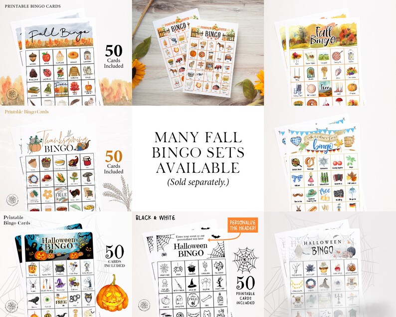 Thanksgiving Bingo Cards 50 PRINTABLE unique cards in PDF, senior citizen activity, kids game all ages, large print text w/ color pictures 画像 9