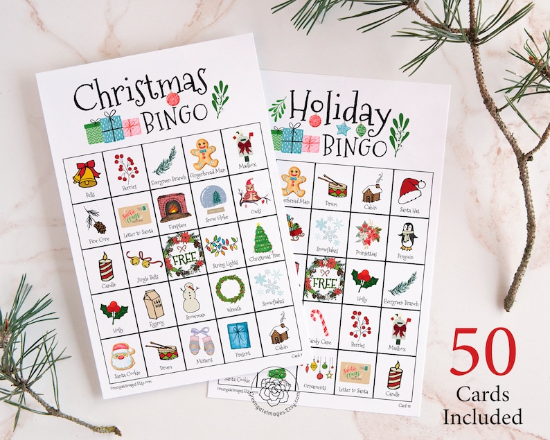 Christmas/Holiday Bingo Cards: Printable bingo, 50 cards, senior citizen activity, kids game, activity, bingo with pictures, color bingo image 1