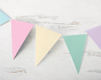 Pastel Rainbow Bunting - SIX COLORS INCLUDED, Printable solid banner, plain, pink peach yellow mint blue lavender, pale light, diy banner