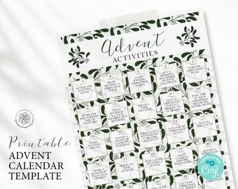 PRINTABLE Advent Calendar - Advent Calendar Template, Edit in Corjl, Customize and Personalize, Pre-filled Seasonal Activities, Greenery