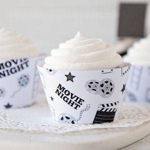 Black and White Movie Night Cupcake Wrapper - PRINTABLE instant download PDF. Movie theater film, reel, clapperboard, stars. Slumber party.