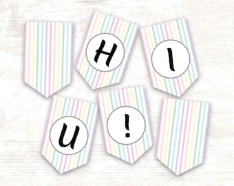 Banner de mensaje imprimible: banderines de arcoíris pastel, rosa, melocotón, amarillo, menta, azul, lavanda, gris, luz pálida, banner DIY, baby shower, cumpleaños