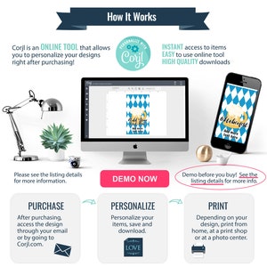 May include: A digital illustration of a blue and white checkered background with a gold beer stein and the text "Oktoberfest" and "Add more text here". The image shows how to personalize a printable design using the Corjl online tool.