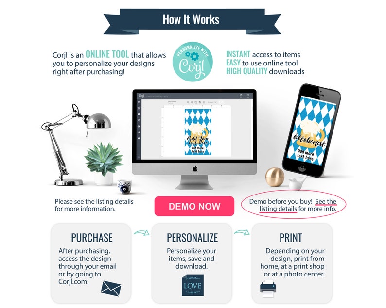 May include: A digital illustration of a blue and white checkered background with a gold beer stein and the text "Oktoberfest" and "Add more text here". The image shows how to personalize a printable design using the Corjl online tool.