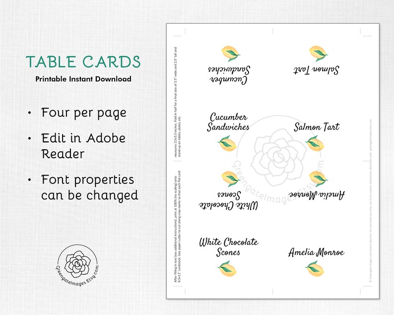 Tea Party Buffet Food Sign Banquet Tented Cards Lemon Place Cards Fruit Food Labels editable Table Cards Bridal Shower Buffet Card