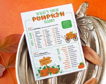 What's your pumpkin name? – Funny/cute party idea for kids & adults. Small, medium, large printable sizes. Falloween bulletin board idea.