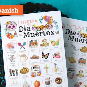 Lotería del Día de Muertos - 50 cartes de bingo à imprimer avec images en couleur, légende/titre sous chaque article. Idée d'activité de jeu Le Jour des Morts.